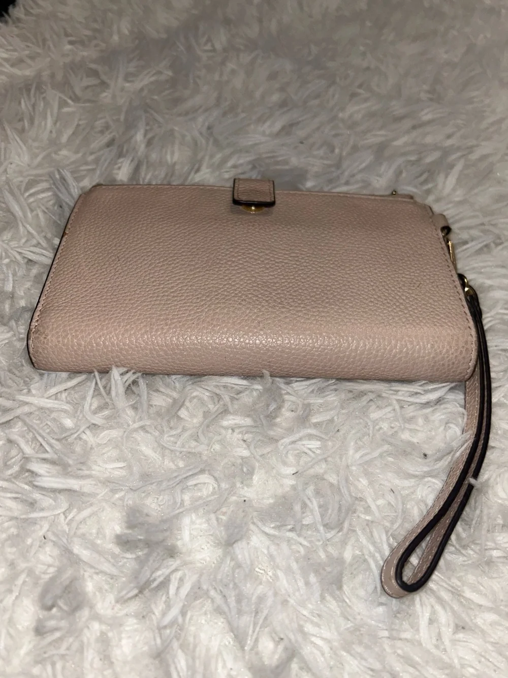 Michael Kors pebbled leather wristlet wallet pinkish tan with gold-tone hardware